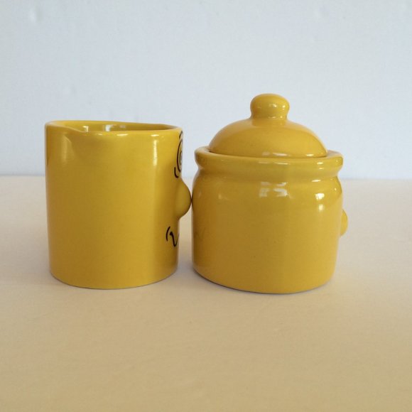 Funny Scary Face 3D Protruding Nose Sugar Bowl Creamer Set Mustard Yellow - Picture 4 of 11